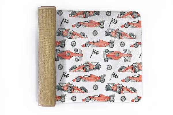 Tappeto moderno Auto da corsa rosse con bandiere